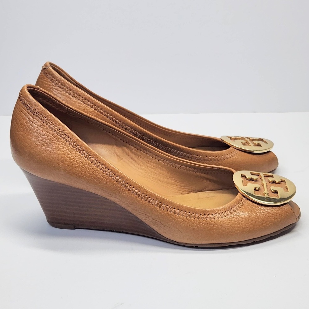 Tory Burch Shoes Womens Size 9** Brown Leather Peep Toe Wedge Logo Pumps - Picture 6 of 15